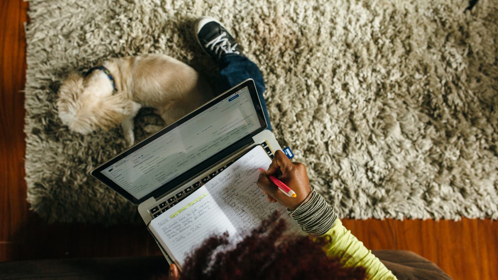 Person using laptop writing in notebook