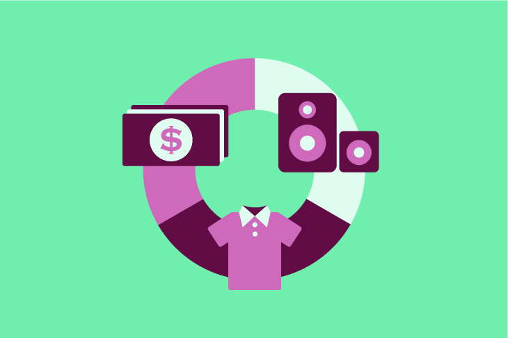Economy graphic with wallet, speakers, and shirt