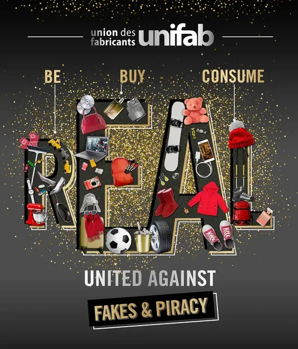 Unifab Be Buy Consume United Against Fakes & Piracy on black background with gold shimmer