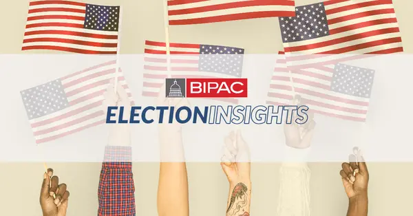 Diverse hands holding American flags with BIPAC Election Insights text
