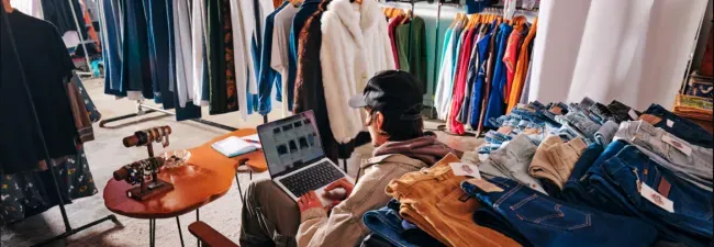 Man on a computer in a clothing shop